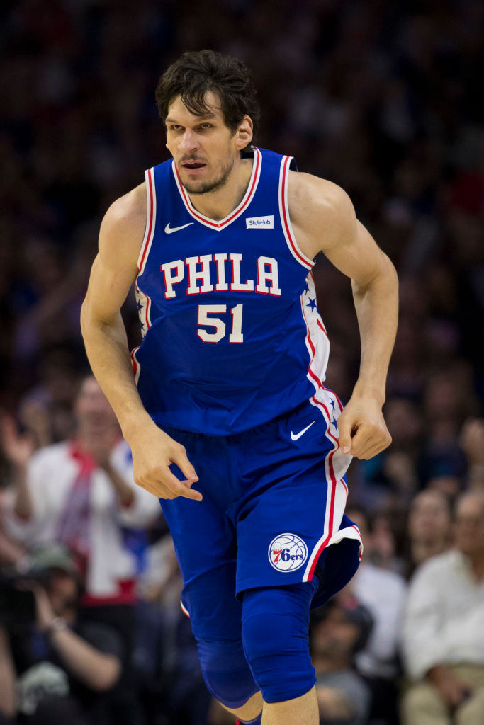 PHILADELPHIA, PA - APRIL 23: Boban Marjanovic #51 of the Philadelphia 76ers runs up the court against the Brooklyn Nets in Game Five of Round One of the 2019 NBA Playoffs at the Wells Fargo Center on April 23, 2019 in Philadelphia, Pennsylvania.