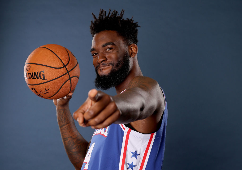 CAMDEN, NEW JERSEY - SEPTEMBER 30: Norvel Pelle #14 of the Philadelphia 76ers poses for a portrait during Media Day at 76ers Training Complex on September 30, 2019 in Camden, New Jersey.