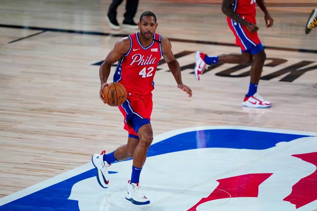 LAKE BUENA VISTA, FLORIDA - AUGUST 05: Al Horford #42 of the Philadelphia 76ers plays against the Washington Wizards during the second half of an NBA basketball game at The Arena at ESPN Wide World Of Sports Complex on August 5, 2020 in Lake Buena Vista, Florida.
