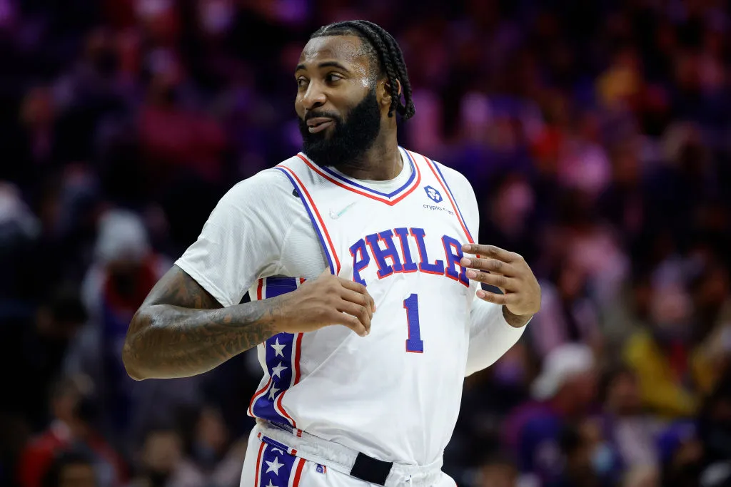 PHILADELPHIA, PENNSYLVANIA - JANUARY 31: Andre Drummond #1 of the Philadelphia 76ers looks on against the Memphis Grizzlies  at Wells Fargo Center on January 31, 2022 in Philadelphia, Pennsylvania. 