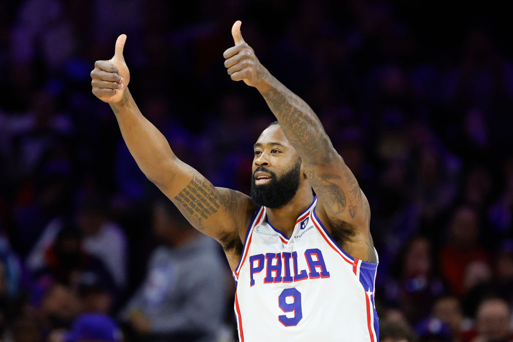 PHILADELPHIA, PENNSYLVANIA - APRIL 02: DeAndre Jordan #9 of the Philadelphia 76ers signals after scoring during the fourth quarter against the Charlotte Hornets at Wells Fargo Center on April 02, 2022 in Philadelphia, Pennsylvania. 