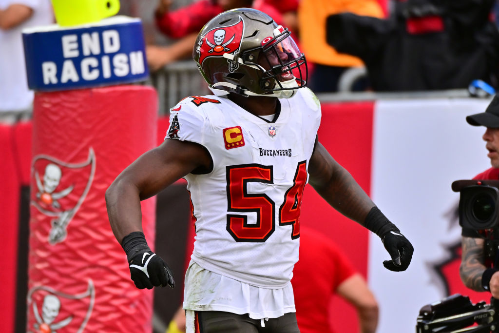 TAMPA, FLORIDA - JANUARY 01: Lavonte David #54 of the Tampa Bay Buccaneers reacts after the Tampa Bay Buccaneers recovered a fumble during the fourth quarter against the Carolina Panthers at Raymond James Stadium on January 01, 2023 in Tampa, Florida.