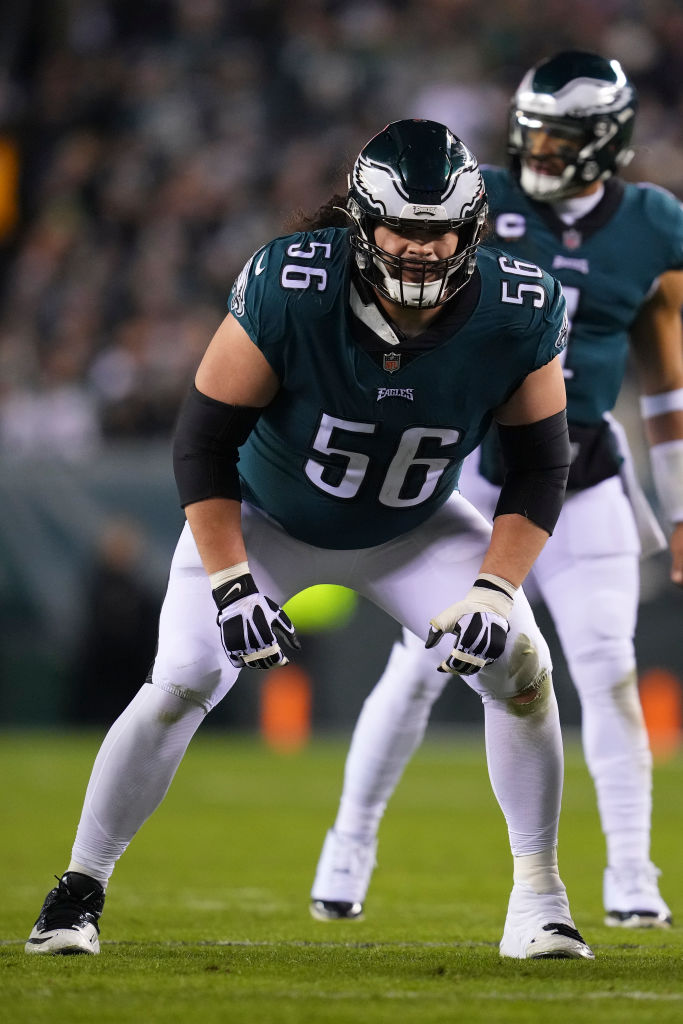 PHILADELPHIA, PA - JANUARY 21: Isaac Seumalo #56 of the Philadelphia Eagles in action against the New York Giants during the NFC Divisional Playoff game at Lincoln Financial Field on January 21, 2023 in Philadelphia, Pennsylvania.