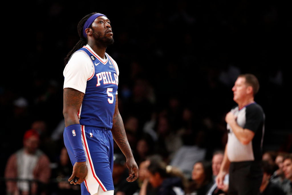 NEW YORK, NEW YORK - APRIL 09: Montrezl Harrell #5 of the Philadelphia 76ers looks on during the first half against the Brooklyn Nets at Barclays Center on April 09, 2023 in the Brooklyn borough of New York City.