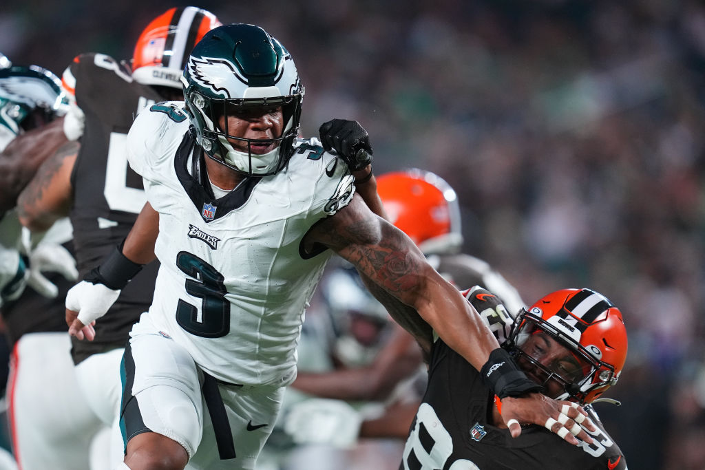 PHILADELPHIA, PENNSYLVANIA - AUGUST 17: Nolan Smith #3 of the Philadelphia Eagles in action against the Cleveland Browns during the preseason game at Lincoln Financial Field on August 17, 2023 in Philadelphia, Pennsylvania. The Browns tied the Eagles 18-18.
