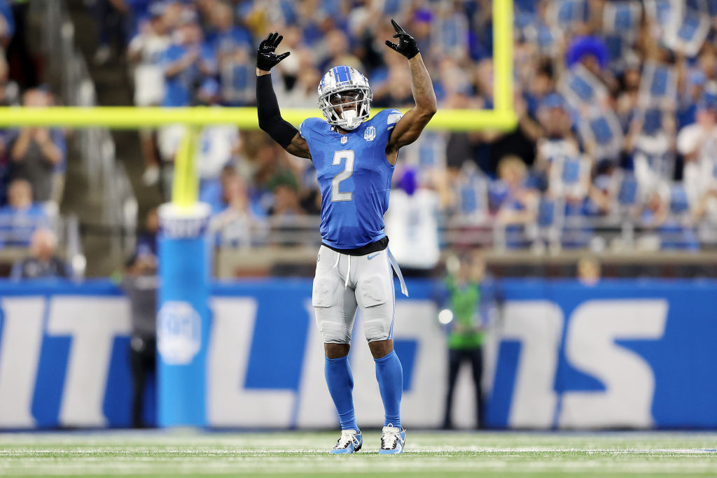DETROIT, MICHIGAN - SEPTEMBER 17: C.J. Gardner-Johnson #2 of the Detroit Lions reacts after a play during the first quarter in the game against the Seattle Seahawks at Ford Field on September 17, 2023 in Detroit, Michigan. 