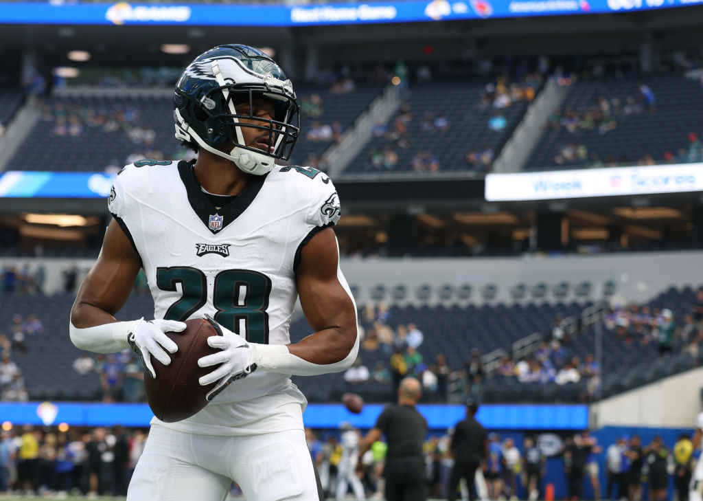 INGLEWOOD, CALIFORNIA - OCTOBER 08: Josh Jobe #28 of the Philadelphia Eagles during warm up before the game against the Los Angeles Rams at SoFi Stadium on October 08, 2023 in Inglewood, California. 