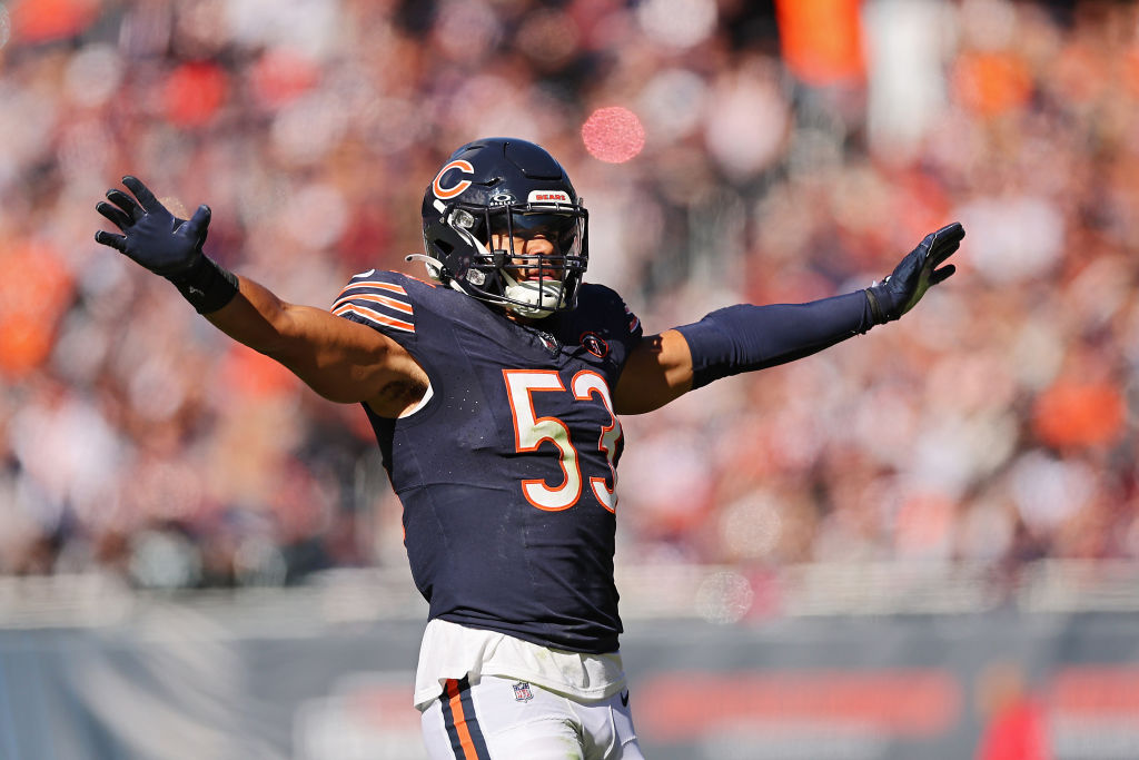 CHICAGO, ILLINOIS - OCTOBER 22: T.J. Edwards #53 of the Chicago Bears celebrates after a play during the first quarter against the Las Vegas Raiders at Soldier Field on October 22, 2023 in Chicago, Illinois. 