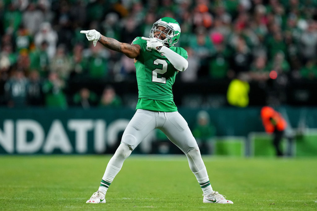 PHILADELPHIA, PENNSYLVANIA - OCTOBER 22: Darius Slay #2 of the Philadelphia Eagles celebrates during the first half of a game against the Miami Dolphins at Lincoln Financial Field on October 22, 2023 in Philadelphia, Pennsylvania.