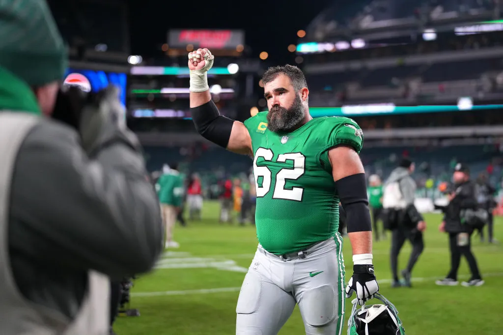 PHILADELPHIA, PENNSYLVANIA - OCTOBER 22: Jason Kelce #62 of the Philadelphia Eagles runs off the field after defeating the Miami Dolphins 31-17 in a game at Lincoln Financial Field on October 22, 2023 in Philadelphia, Pennsylvania. 