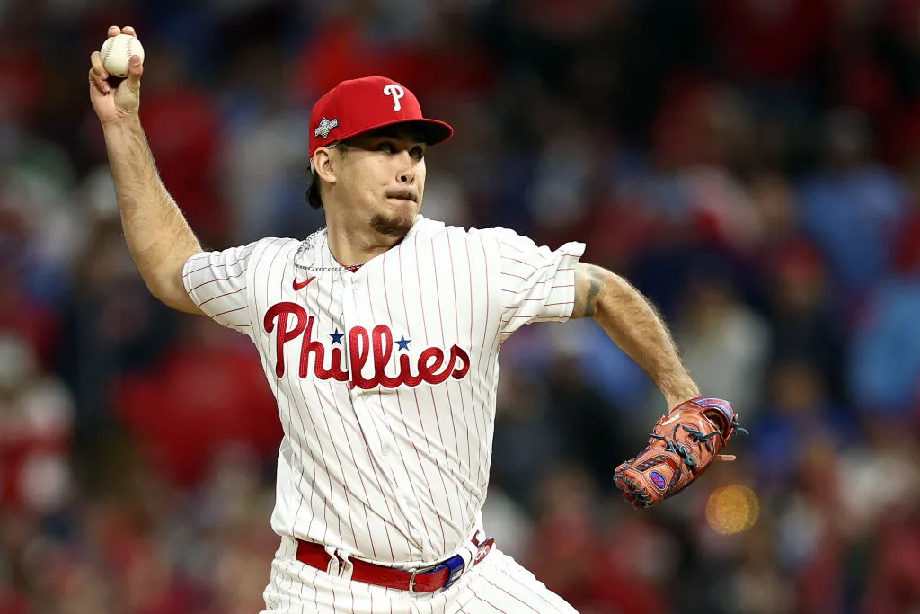 PHILADELPHIA, PENNSYLVANIA - OCTOBER 23: Orion Kerkering #50 of the Philadelphia Phillies pitches in the seventh inning against the Arizona Diamondbacks during Game Six of the Championship Series at Citizens Bank Park on October 23, 2023 in Philadelphia, Pennsylvania.