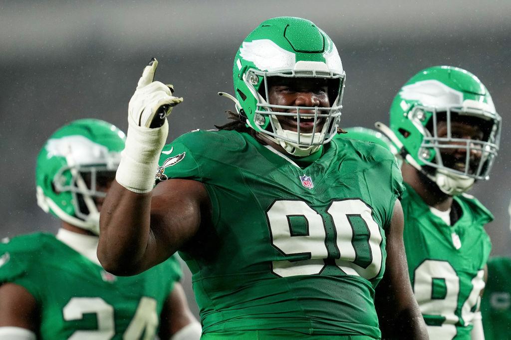 PHILADELPHIA, PENNSYLVANIA - NOVEMBER 26: Jordan Davis #90 of the Philadelphia Eagles reacts during the first half of the game against the Buffalo Bills at Lincoln Financial Field on November 26, 2023 in Philadelphia, Pennsylvania.