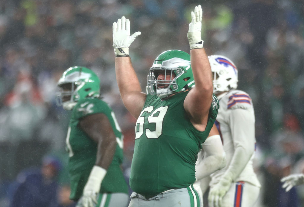 PHILADELPHIA, PENNSYLVANIA - NOVEMBER 26: Landon Dickerson #69 of the Philadelphia Eagles reacts after Jake Elliott #4 of the Philadelphia Eaglesmade a game tying field goal at the end of the fourth quarter against the Buffalo Bills at Lincoln Financial Field on November 26, 2023 in Philadelphia, Pennsylvania.