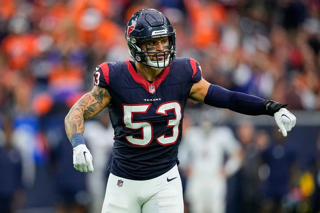 HOUSTON, TEXAS - DECEMBER 03: Blake Cashman #53 of the Houston Texans lines up for a play in the fourth quarter against the Denver Broncos at NRG Stadium on December 03, 2023 in Houston, Texas. 