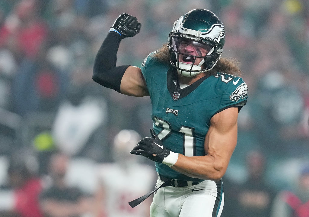 PHILADELPHIA, PENNSYLVANIA - DECEMBER 03: Sydney Brown #21 of the Philadelphia Eagles reacts after a play during the second quarter in the game against the San Francisco 49ers at Lincoln Financial Field on December 03, 2023 in Philadelphia, Pennsylvania. 