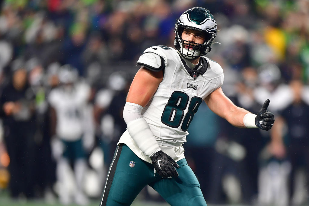 SEATTLE, WASHINGTON - DECEMBER 18: Dallas Goedert #88 of the Philadelphia Eagles lines up in the first quarter against the Seattle Seahawks at Lumen Field on December 18, 2023 in Seattle, Washington. 