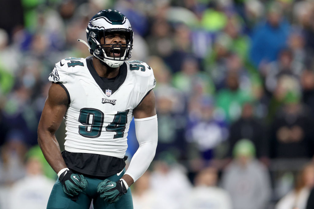 SEATTLE, WASHINGTON - DECEMBER 18: Josh Sweat #94 of the Philadelphia Eagles reacts after a stop against the Seattle Seahawks during the first quarter at Lumen Field on December 18, 2023 in Seattle, Washington.