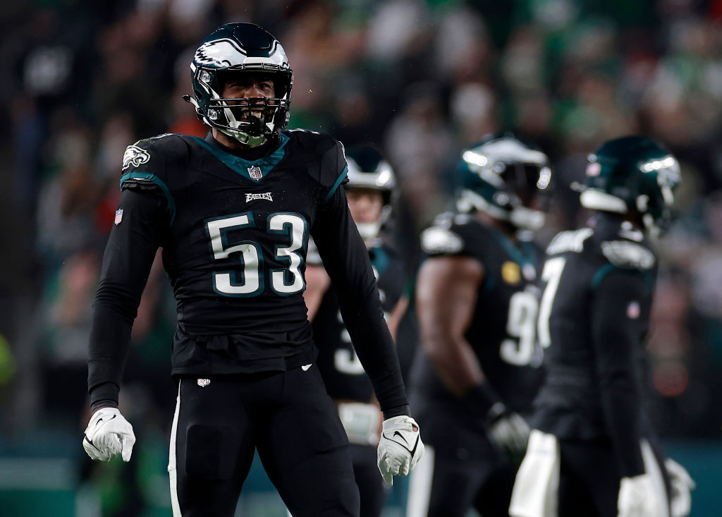 PHILADELPHIA, PENNSYLVANIA - DECEMBER 25: Shaquille Leonard #53 of the Philadelphia Eagles reacts after a tackle during the second quarter against the New York Giants at Lincoln Financial Field on December 25, 2023 in Philadelphia, Pennsylvania. 
