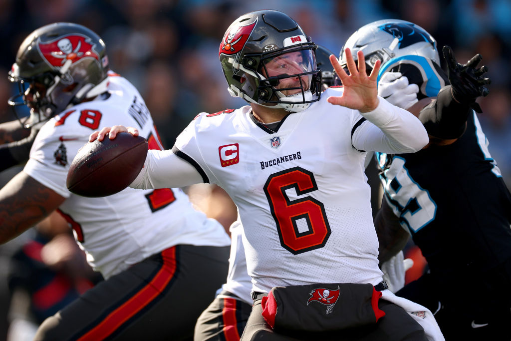CHARLOTTE, NORTH CAROLINA - JANUARY 07: Baker Mayfield #6 of the Tampa Bay Buccaneers throws a pass during the second quarter against the Carolina Panthers at Bank of America Stadium on January 07, 2024 in Charlotte, North Carolina.