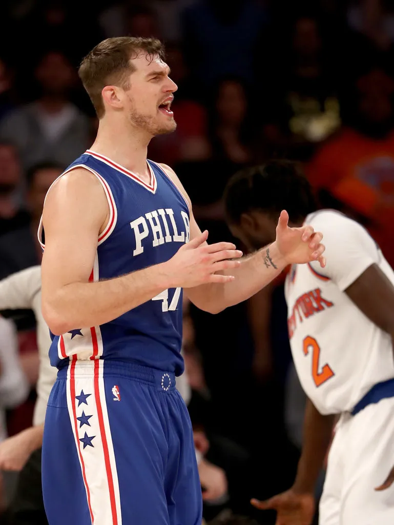 NEW YORK, NY - APRIL 12:  Tiago Splitter #47 of the Philadelphia 76ers reacts after a call in the fourth quarter against the New York Knicks at Madison Square Garden on April 12, 2017 in New York City.