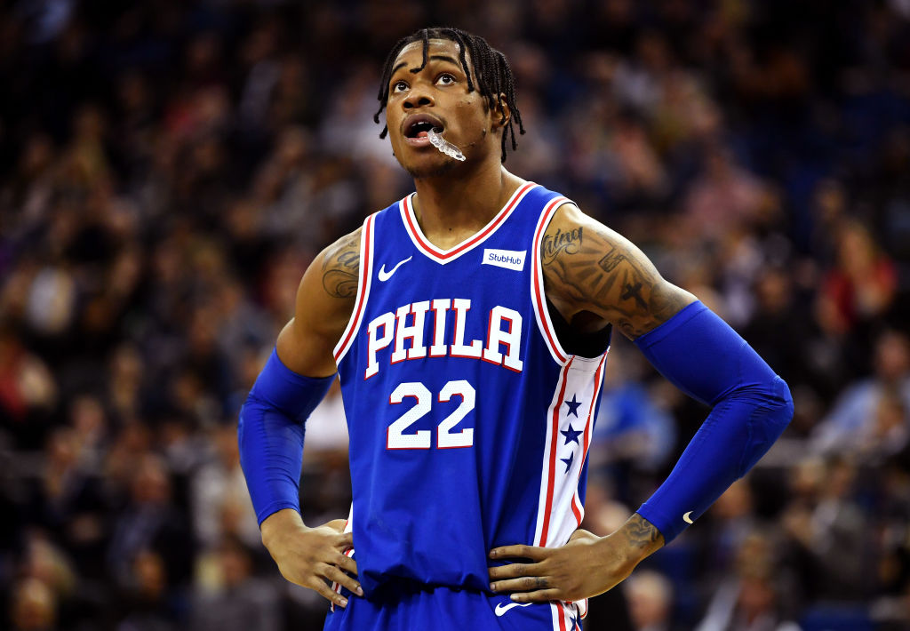 LONDON, ENGLAND - JANUARY 11:  Richaun Holmes #22 of the Philadelphia 76ers reacts during the NBA game between Boston Celtics and Philadelphia 76ers at The O2 Arena on January 11, 2018 in London, England. 