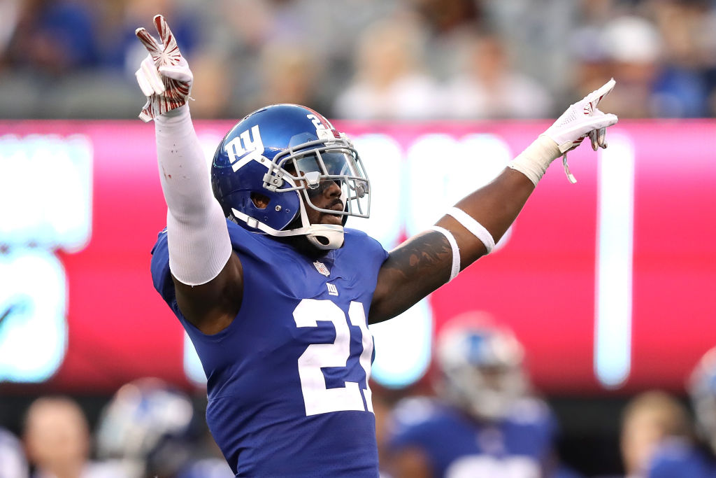 EAST RUTHERFORD, NJ - SEPTEMBER 30: Landon Collins #21 of the New York Giants celebrates after breaking up a pass against the New Orleans Saints at MetLife Stadium on September 30, 2018 in East Rutherford, New Jersey. 
