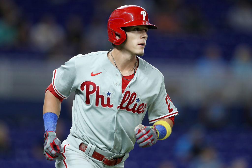 MIAMI, FLORIDA - SEPTEMBER 13: Nick Maton #29 of the Philadelphia Phillies watches his home run against the Miami Marlins during the seventh inning at loanDepot park on September 13, 2022 in Miami, Florida. 