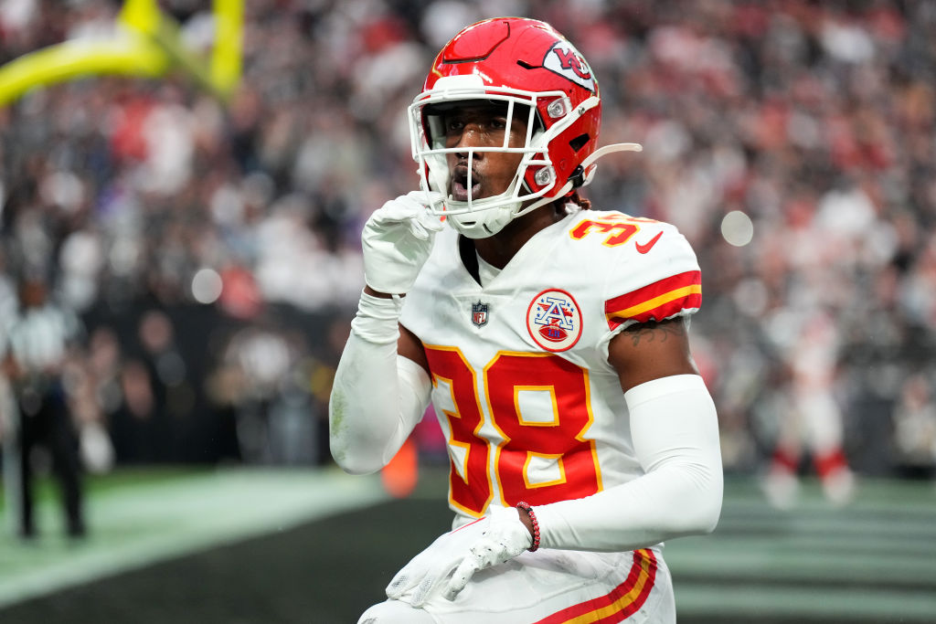 LAS VEGAS, NEVADA - JANUARY 07: L'Jarius Sneed #38 of the Kansas City Chiefs reacts after forcing an incomplete pass against the Las Vegas Raiders during the second quarter of the game at Allegiant Stadium on January 07, 2023 in Las Vegas, Nevada.