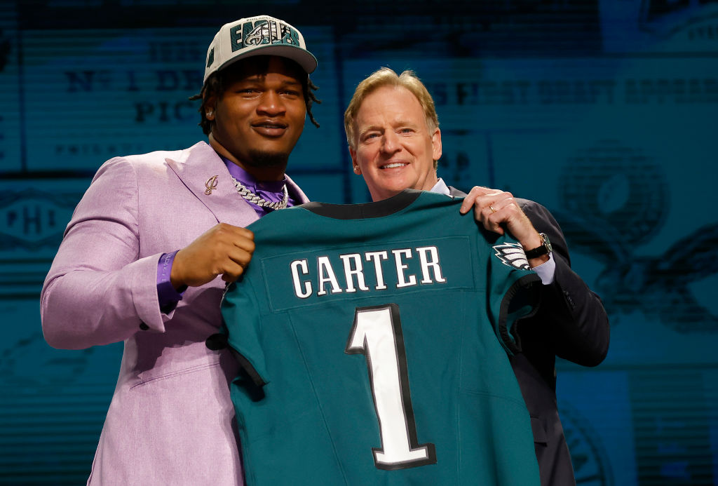 KANSAS CITY, MISSOURI - APRIL 27: (L-R) Jalen Carter poses with NFL Commissioner Roger Goodell after being selected ninth overall by the Philadelphia Eagles during the first round of the 2023 NFL Draft at Union Station on April 27, 2023 in Kansas City, Missouri.