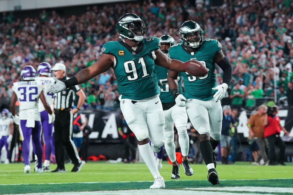 PHILADELPHIA, PENNSYLVANIA - SEPTEMBER 14: Fletcher Cox #91 of the Philadelphia Eagles celebrates after recovering a fumble during the third quarter against the Minnesota Vikings at Lincoln Financial Field on September 14, 2023 in Philadelphia, Pennsylvania. 
