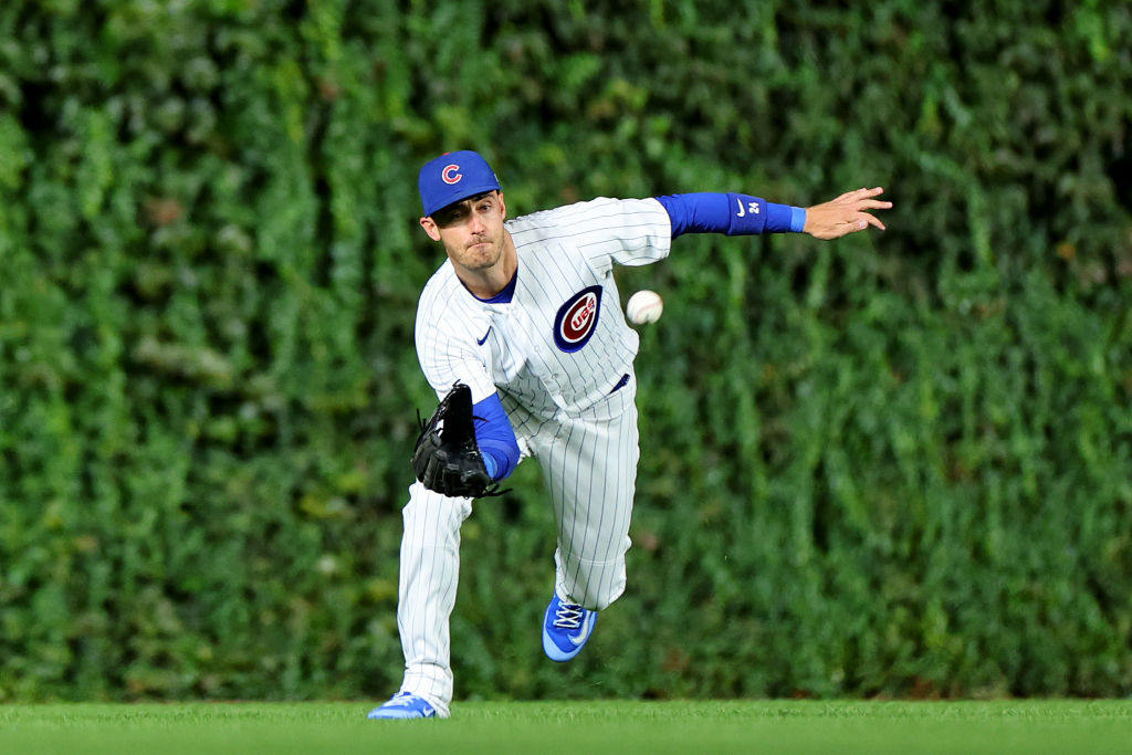 Cody Bellinger #24 of the Chicago Cubs makes a catch during the third inning against the Pittsburgh Pirates at Wrigley Field