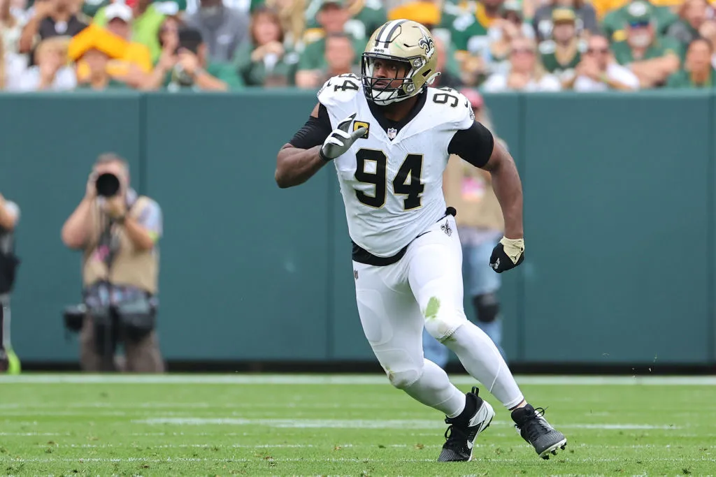 GREEN BAY, WISCONSIN - SEPTEMBER 24: Cameron Jordan #94 of the New Orleans Saints rushes the passer during a game against the Green Bay Packers at Lambeau Field on September 24, 2023 in Green Bay, Wisconsin. 