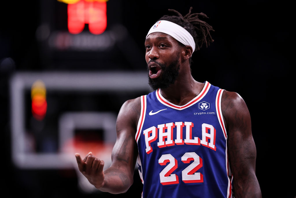 NEW YORK, NEW YORK - OCTOBER 16: Patrick Beverley #22 of the Philadelphia 76ers speaks to the Brooklyn Nets bench during the second quarter of the preseason game at Barclays Center on October 16, 2023 in New York City