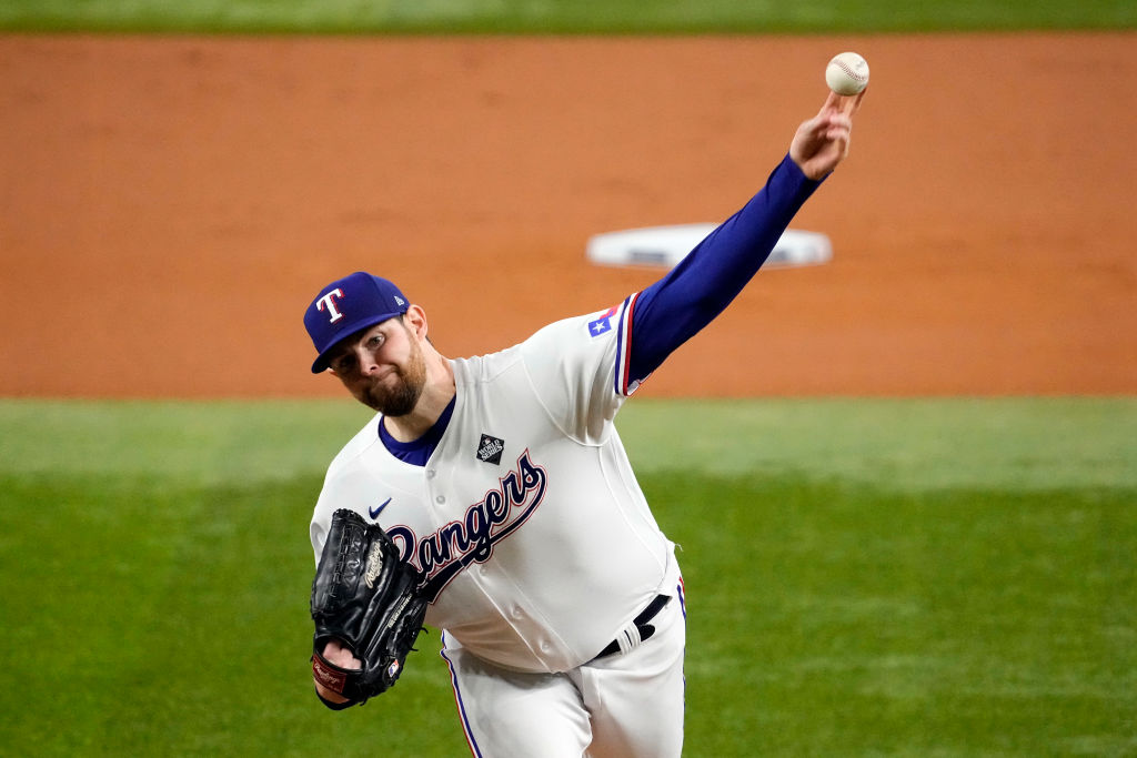  Jordan Montgomery #52 of the Texas Rangers pitches in the first inning against the Arizona Diamondbacks during Game Two of the World Series at Globe Life Field 