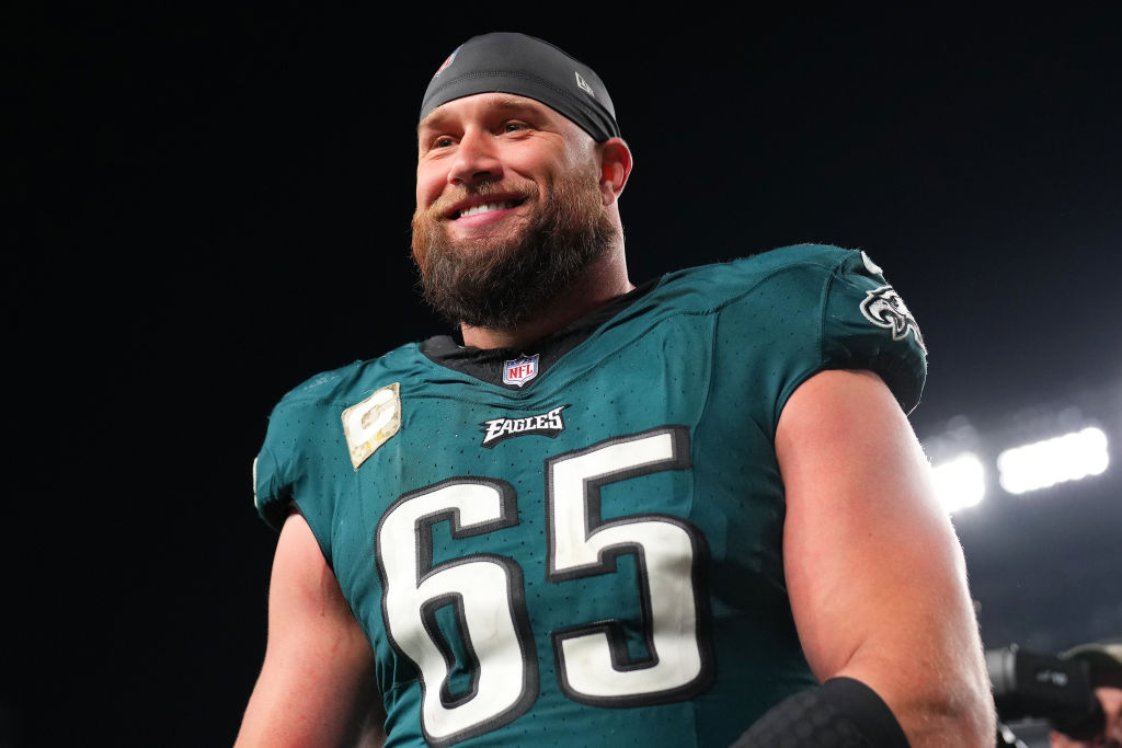 PHILADELPHIA, PENNSYLVANIA - NOVEMBER 05: Lane Johnson #65 of the Philadelphia Eagles walks off the field after a win over the Dallas Cowboys at Lincoln Financial Field on November 05, 2023 in Philadelphia, Pennsylvania.