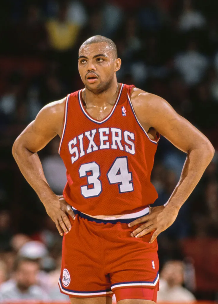 Charles Barkley #34, Power Forward and Small Forward for the Philadelphia 76ers looks on with hands on hips during the NBA Pacific Division basketball game against the Los Angeles Lakers on 28th December 1988 at the Great Western Forum arena in Inglewood, Los Angeles, California, United States. The Lakers won the game 128 - 123.. 