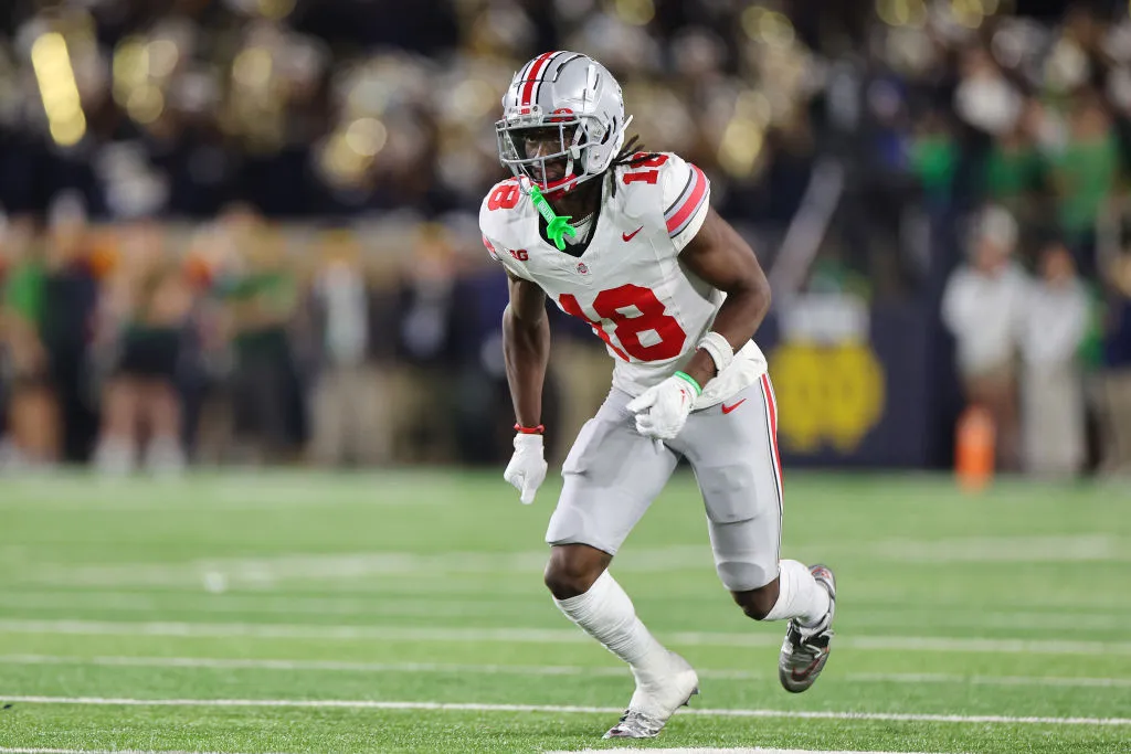 Marvin Harrison Jr. #18 of the Ohio State Buckeyes in action against the Notre Dame Fighting Irish during the second half at Notre Dame Stadium on September 23, 2023 in South Bend, Indiana.