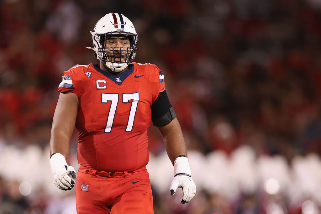 Offensive lineman Jordan Morgan #77 of the Arizona Wildcats reacts during the first half of the NCAAF game against the Washington Huskies at Arizona Stadium 