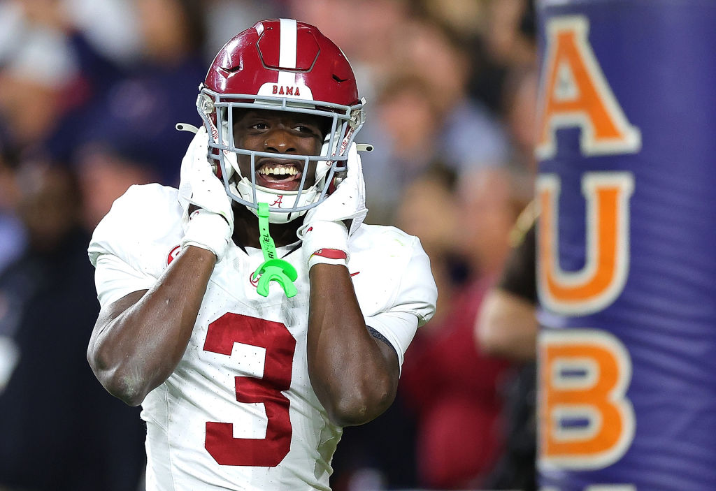 Terrion Arnold #3 of the Alabama Crimson Tide reacts after intercepting the final pass of the game in their 27-24 win over the Auburn Tigers at Jordan-Hare Stadium on November 25, 2023 in Auburn, Alabama. 