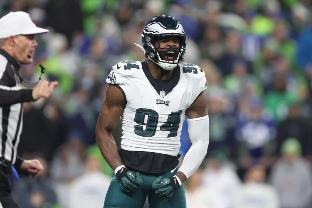 SEATTLE, WASHINGTON - DECEMBER 18: Josh Sweat #94 of the Philadelphia Eagles celebrates after a tackle in the first quarter against the Seattle Seahawks at Lumen Field on December 18, 2023 in Seattle, Washington.