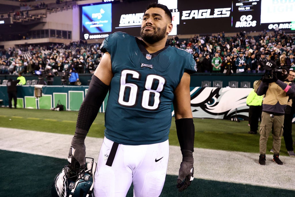 PHILADELPHIA, PENNSYLVANIA - JANUARY 21: Jordan Mailata #68 of the Philadelphia Eagles celebrates on the field after defeating the New York Giants 38-7 in the NFC Divisional Playoff game at Lincoln Financial Field on January 21, 2023 in Philadelphia, Pennsylvania.