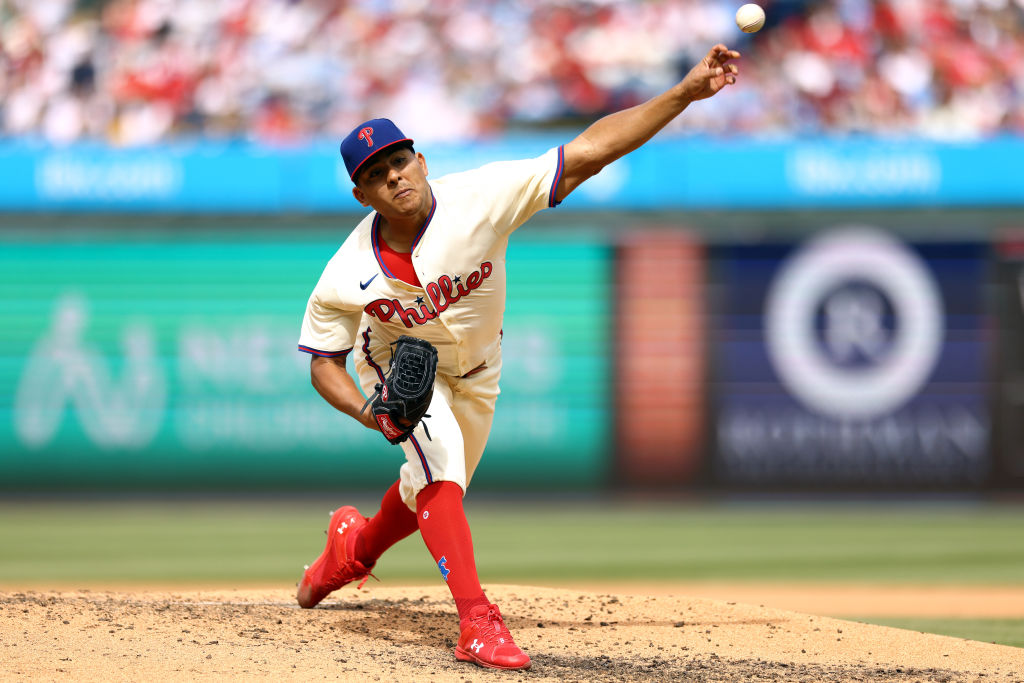 PHILADELPHIA, PENNSYLVANIA - MARCH 31: Ranger Suarez #55 of the Philadelphia Phillies pitches during the fifth inning against the Atlanta Braves at Citizens Bank Park on March 31, 2024 in Philadelphia, Pennsylvania. 