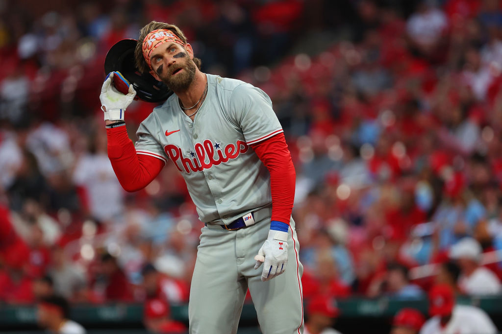 same game parlay- Bryce Harper #3 of the Philadelphia Phillies reacts after striking out 