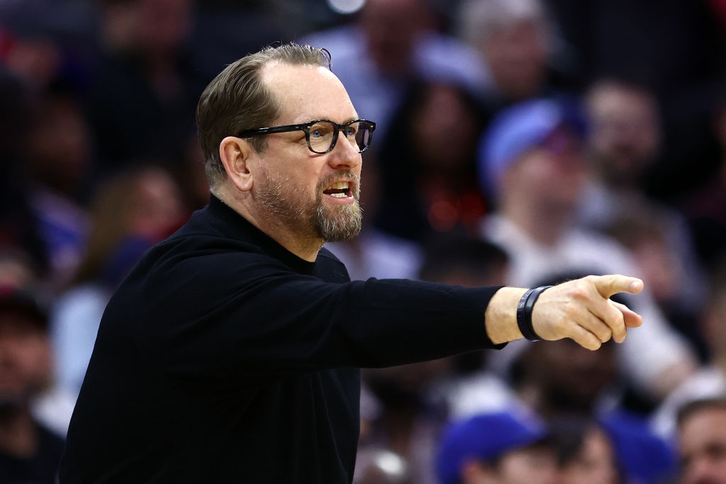 PHILADELPHIA, PENNSYLVANIA - APRIL 09: Head coach Nick Nurse of the Philadelphia 76ers reacts during the fourth quarter against the Detroit Pistons at the Wells Fargo Center on April 09, 2024 in Philadelphia, Pennsylvania.