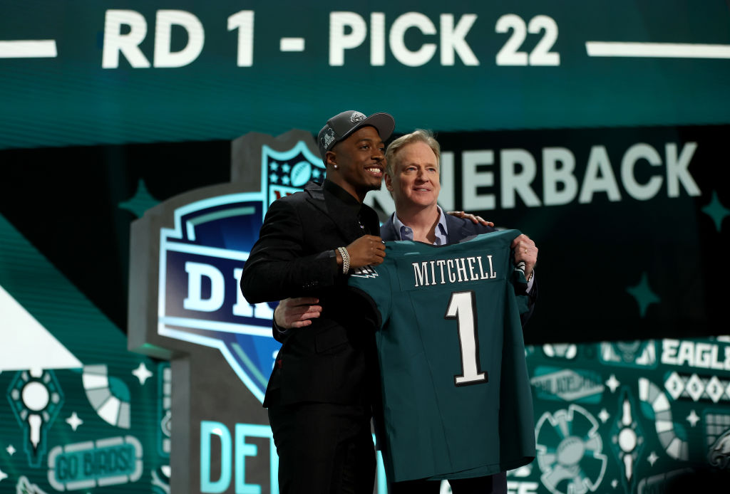 Quinyon Mitchell poses with NFL Commissioner Roger Goodell after being selected 22nd overall by the Philadelphia Eagles during the first round of the 2024 NFL Draft at Campus Martius Park and Hart Plaza on April 25, 2024 in Detroit, Michigan.