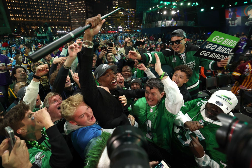 DETROIT, MICHIGAN - APRIL 25: Quinyon Mitchell celebrates with fans after being selected 22nd overall by the Philadelphia Eagles during the first round of the 2024 NFL Draft at Campus Martius Park and Hart Plaza on April 25, 2024 in Detroit, Michigan.