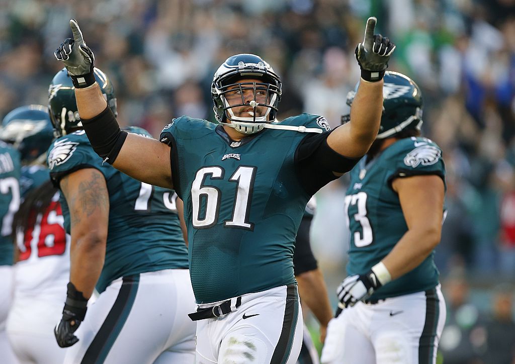 PHILADELPHIA, PA - NOVEMBER 13: Stefen Wisniewski #61 of the Philadelphia Eagles reacts after a field goal by Caleb Sturgis #6 during the fourth quarter against the Atlanta Falcons during a game at Lincoln Financial Field on November 13, 2016 in Philadelphia, Pennsylvania. The Eagles defeated the Falcons 24-15. 