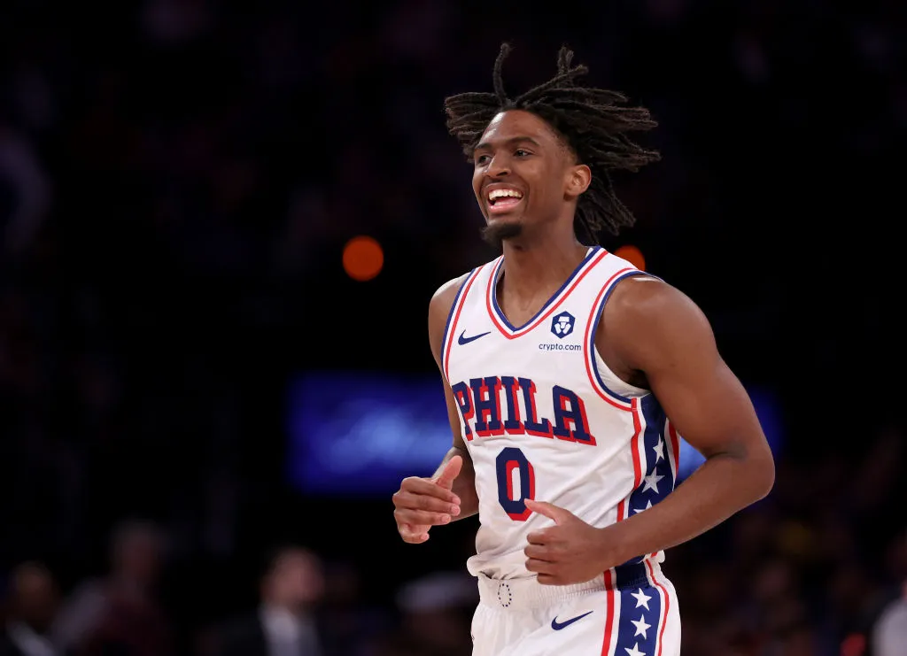 NEW YORK, NEW YORK - APRIL 30: Tyrese Maxey #0 of the Philadelphia 76ers reacts during the second half against the New York Knicks at Madison Square Garden on April 30, 2024 in New York City. The Philadelphia 76ers defeated the New York Knicks 112-106 in overtime.