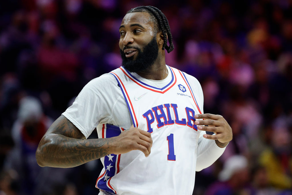 PHILADELPHIA, PENNSYLVANIA - JANUARY 31: Andre Drummond #1 of the Philadelphia 76ers looks on during the first quarter against the Memphis Grizzlies at Wells Fargo Center on January 31, 2022 in Philadelphia, Pennsylvania.