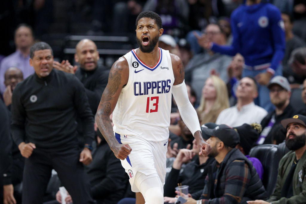 SACRAMENTO, CALIFORNIA - MARCH 03: Paul George #13 of the LA Clippers reacts during their game against the Sacramento Kings at Golden 1 Center on March 03, 2023 in Sacramento, California. NOTE TO USER: User expressly acknowledges and agrees that, by downloading and or using this photograph, User is consenting to the terms and conditions of the Getty Images License Agreement. Paul George and the Sixers